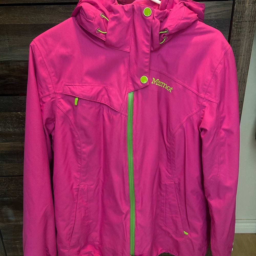 Marmot Women's Pink Ski Jacket with Green Accents